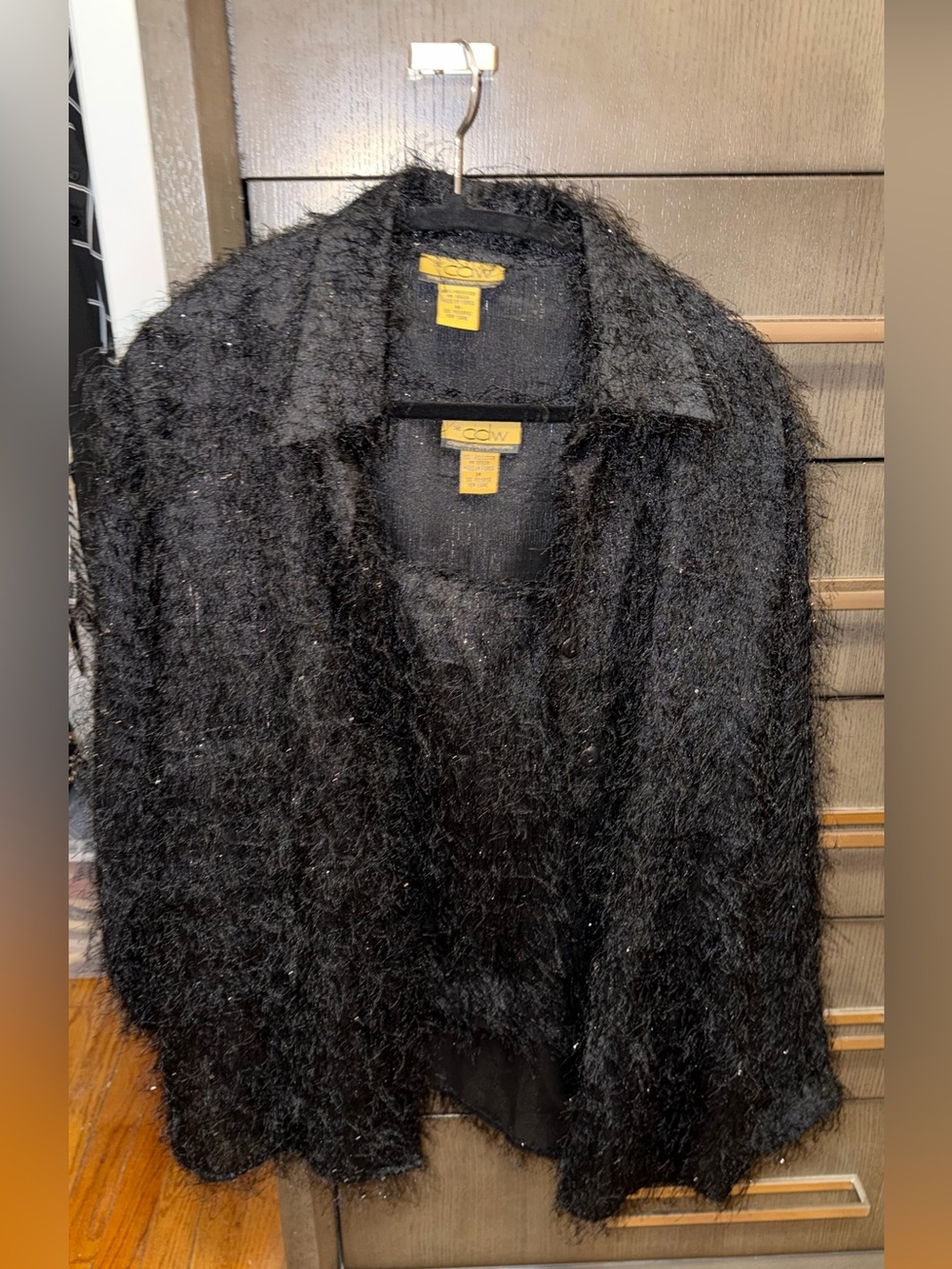 Vintage creative design works 2-piece eyelash/fuzzy tank/button down blouse set